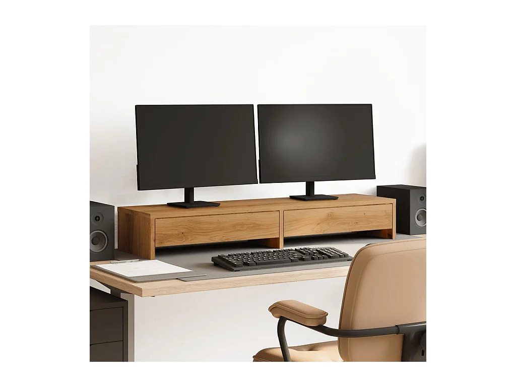 Support de moniteur et tiroirs chêne artisanal bois ingénierie