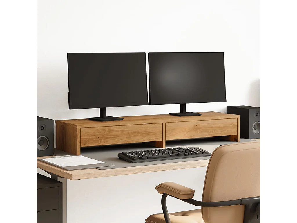 Support de moniteur et tiroirs chêne artisanal bois ingénierie