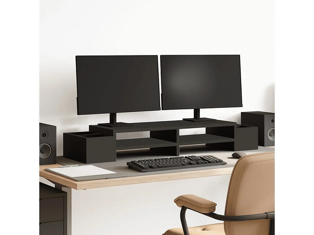 Support de moniteur avec rangement noir bois d'ingénierie