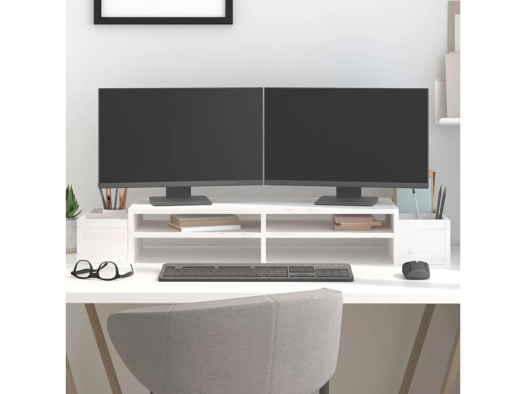 Soporte para monitor Blanco 100x27,5x15 cm Madera maciza de pino
