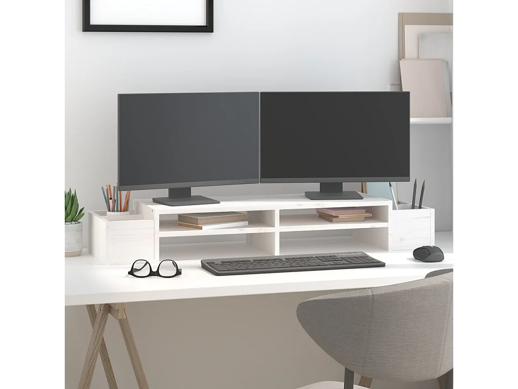 Soporte para monitor Blanco 100x27,5x15 cm Madera maciza de pino