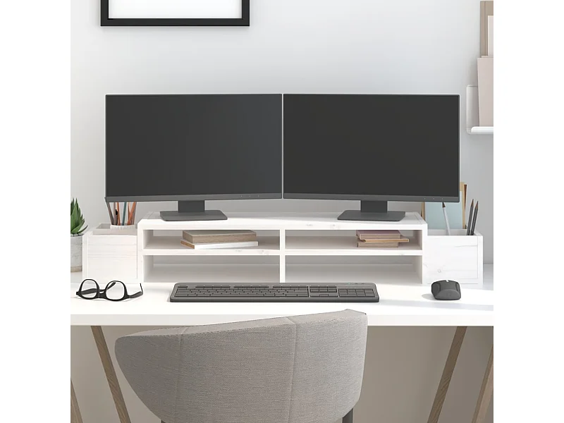 Supporto per monitor Bianco 100x27,5x15 cm Legno di pino massiccio