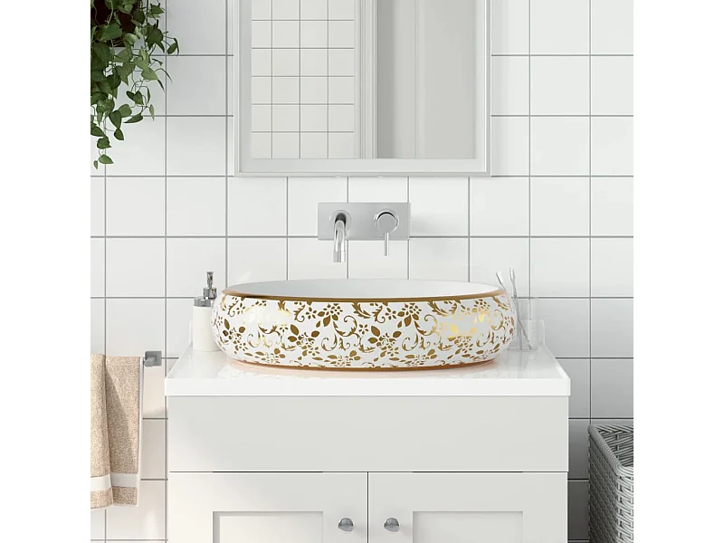 Lavabo sobre encimera ovalado blanco y dorado 59x40x15 cm cerámico