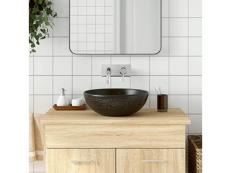 Lavabo da appoggio rotondo nero Φ41x14 cm in ceramica
