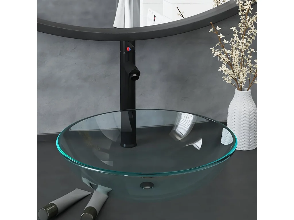 Lavabo de bain avec robinet et drain à poussoir Verre trempé