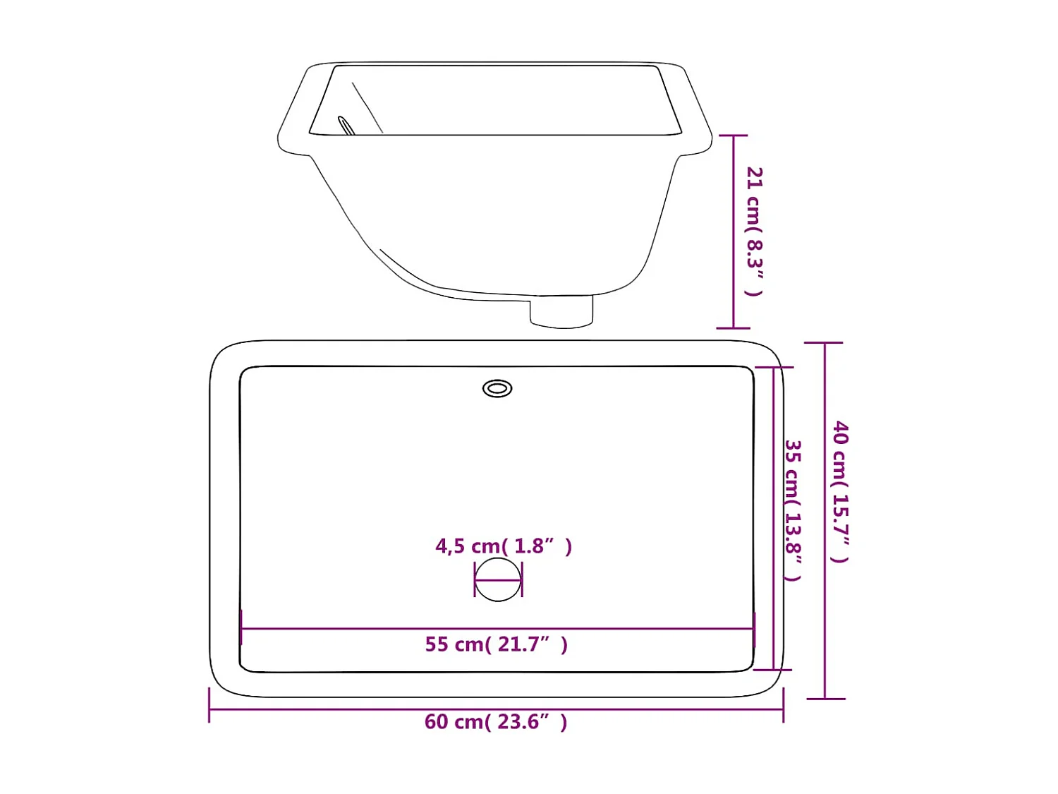 Weißes Waschbecken aus rechteckiger Keramik, 60 x 40 x 21 cm