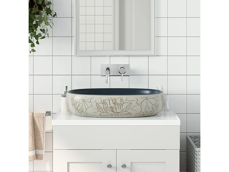 Ovales Aufsatzwaschbecken in Sand und Blau, 59 x 40 x 14 cm, aus Keramik