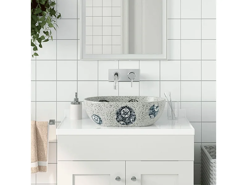 Grijze en blauwe ovale aanrechtspoelbak 47x33x13 cm keramiek