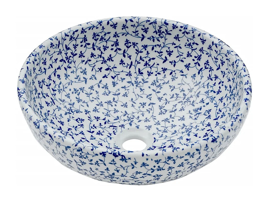 Lavabo sobre encimera redondo blanco y azul Φ41x14 cm de cerámica