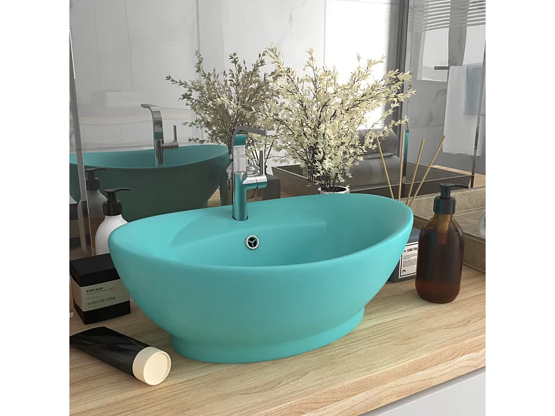Lavabo ovalado con rebosadero Verde claro mate 58,5x39 cm Cerámica