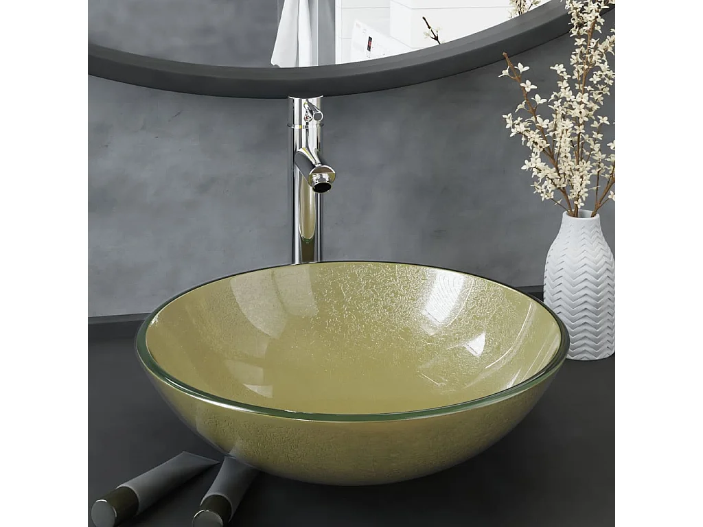 Lavabo de bain avec robinet et drain à poussoir Verre trempé