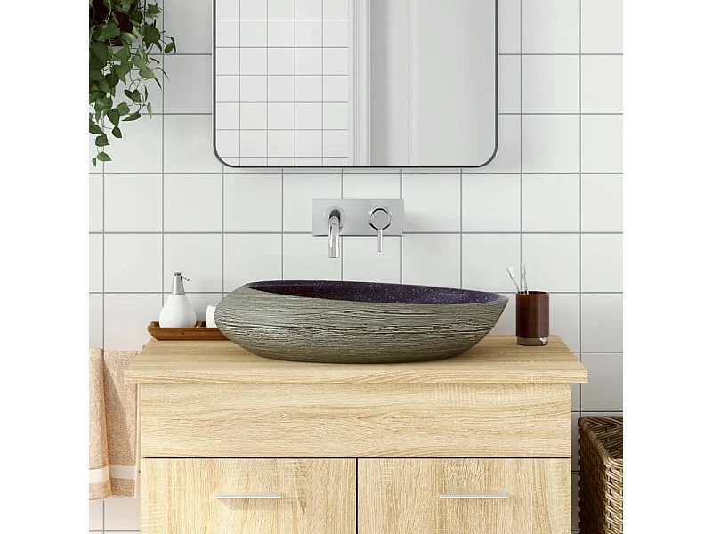 Lavatório de bancada oval roxo e cinza 59x40x14 cm cerâmica