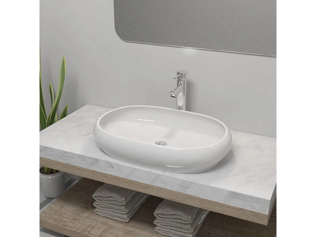 Lavabo de salle de bain avec mitigeur Céramique Ovale Blanc