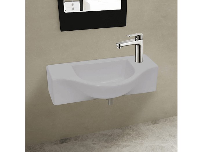 Lavabo In Ceramica Mokuyard Con Foro Rubinetto E Scarico – Bianco Lucido, Per Bagno E Cucina