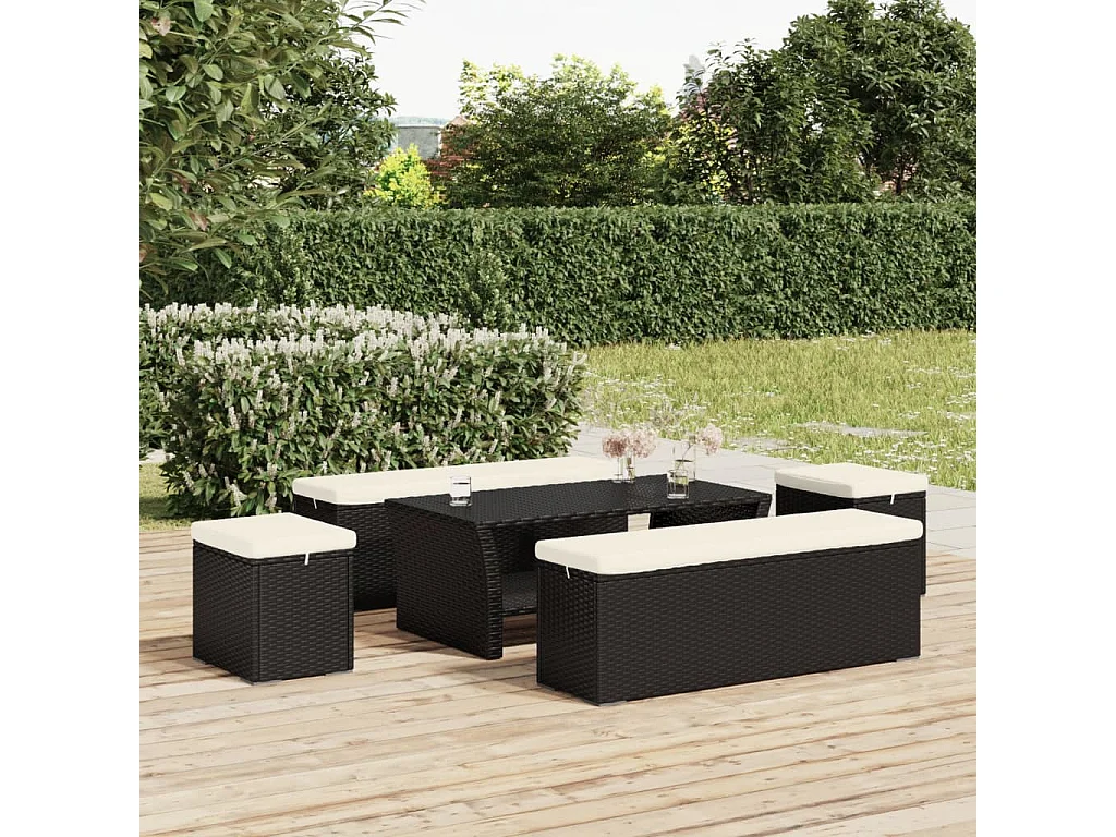 Pouf avec coussin noir 40x30x40 cm résine tressée