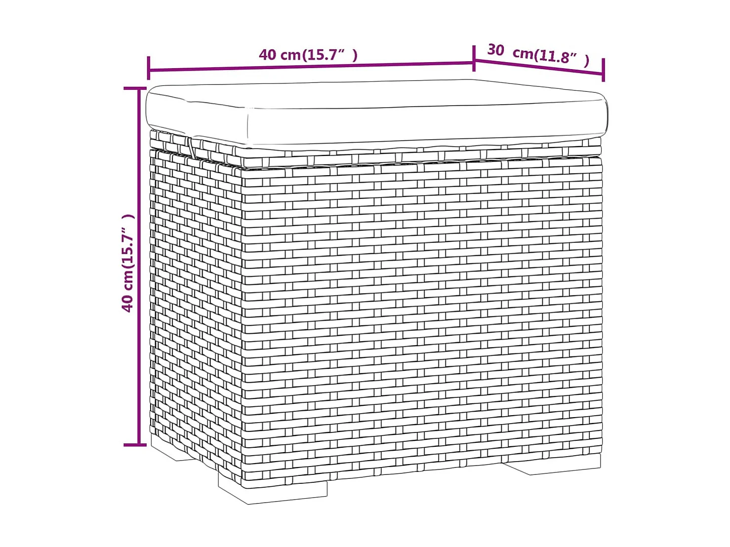 Pouf avec coussin noir 40x30x40 cm résine tressée