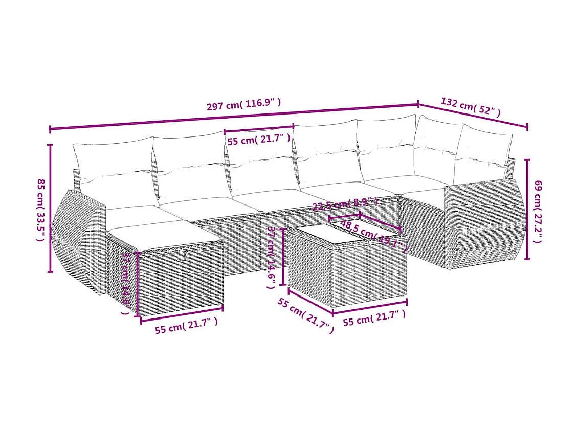 8-tlg. Garten-Sofagarnitur mit Kissen Schwarz Poly Rattan