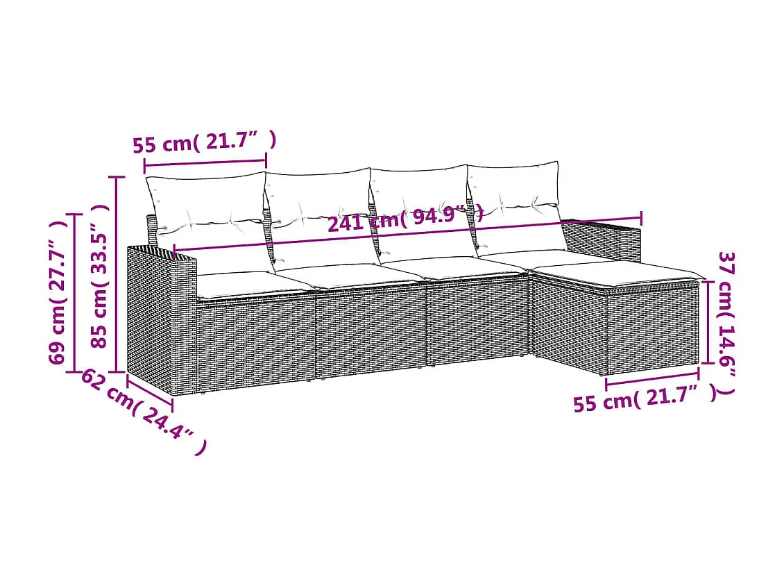 5-tlg. Garten-Sofagarnitur mit Kissen Grau Poly Rattan