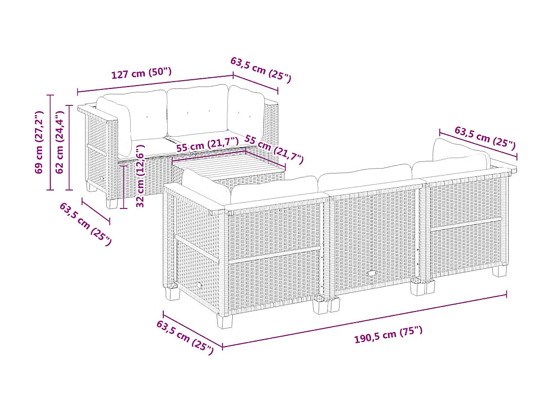 Set Divano da Giardino 6 pz con Cuscini Grigio in Polyrattan