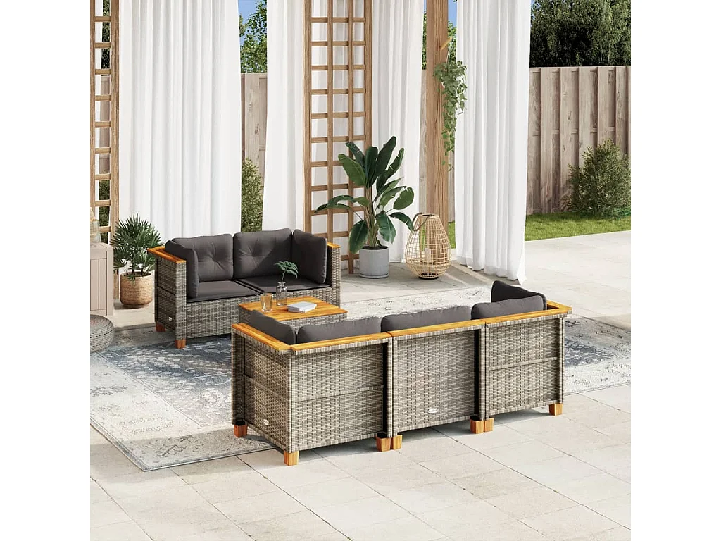 Salon de jardin 6 pcs avec coussins gris résine tressée