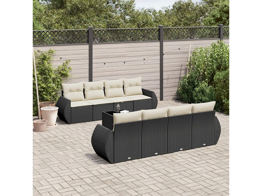 Set Divani da Giardino 9 pz con Cuscini Nero in Polyrattan