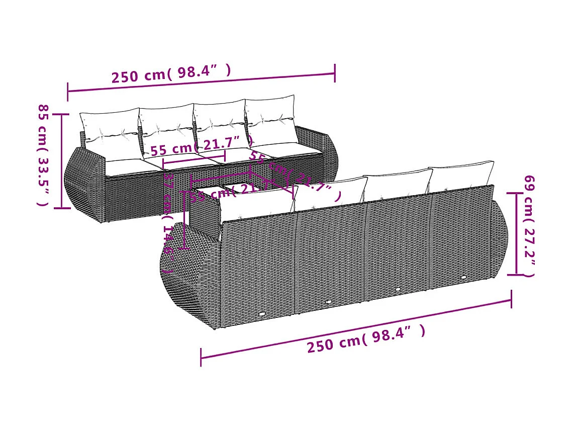 Set Divani da Giardino 9 pz con Cuscini Nero in Polyrattan