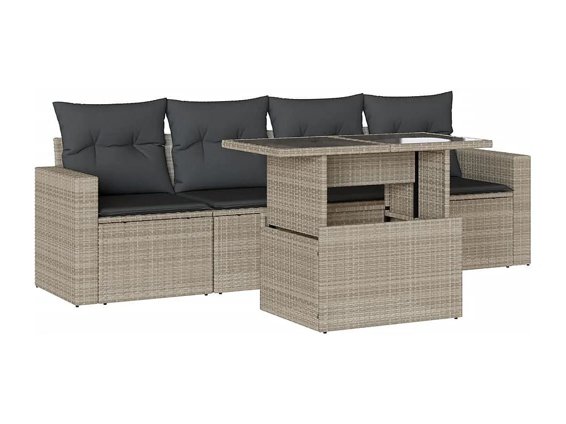 Salon de jardin 5 pcs avec coussins gris clair résine tressée