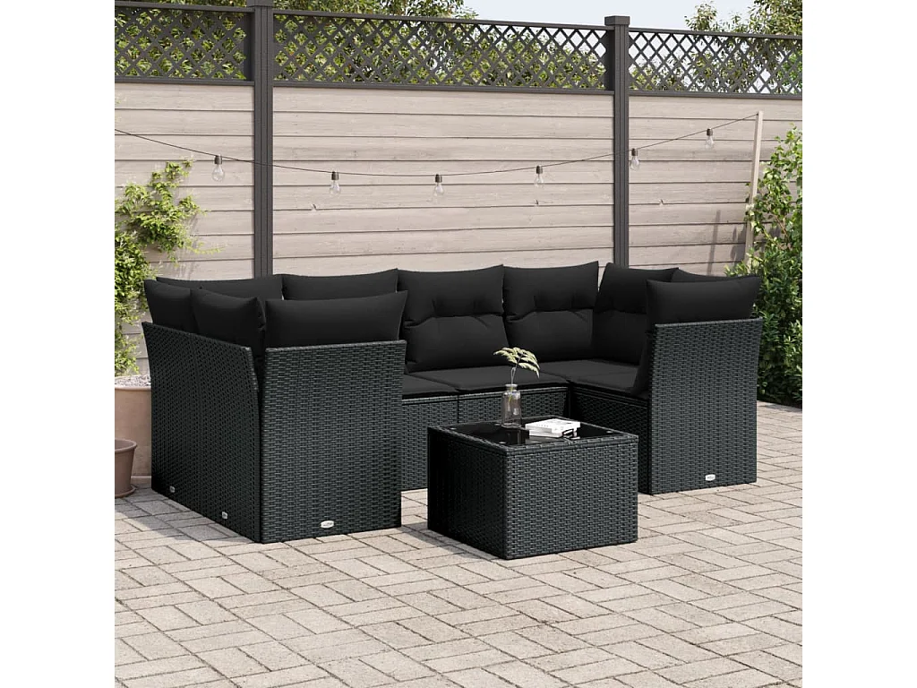7-tlg. Garten-Sofagarnitur mit Kissen Schwarz Poly Rattan