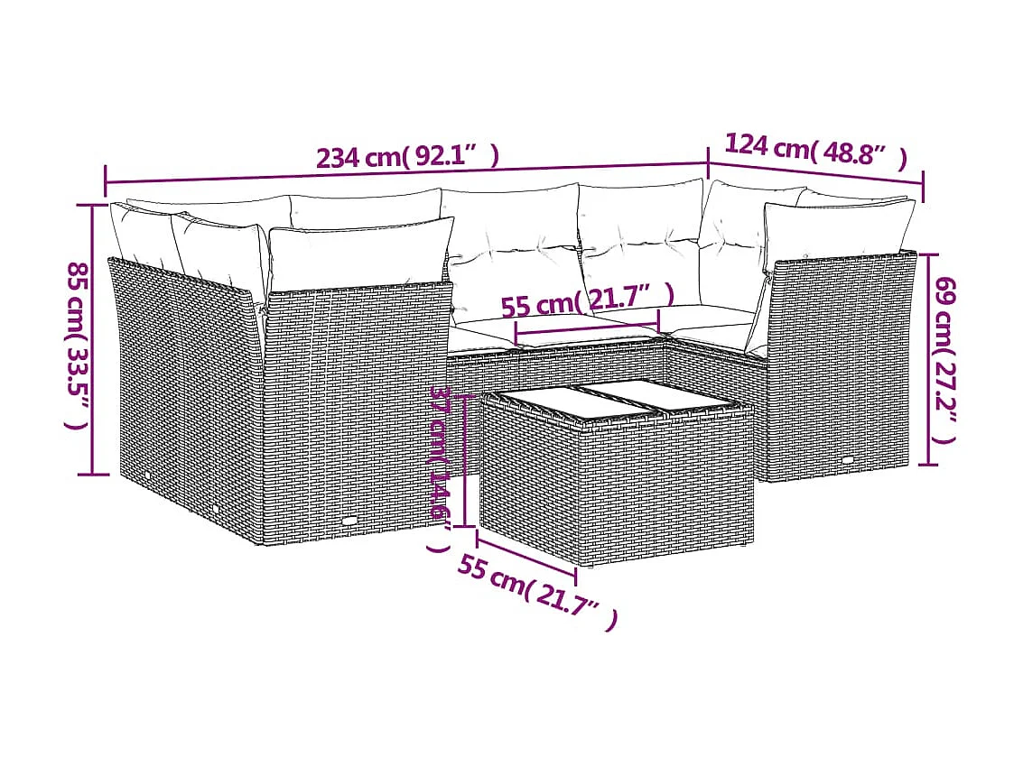 7-tlg. Garten-Sofagarnitur mit Kissen Schwarz Poly Rattan