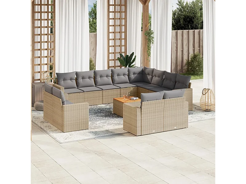 13-tlg. Garten-Sofagarnitur mit Kissen Beige Poly Rattan