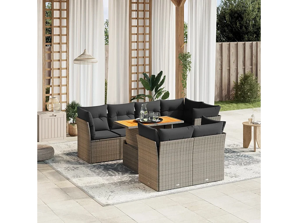 Salon de jardin 8 pcs avec coussins gris résine tressée