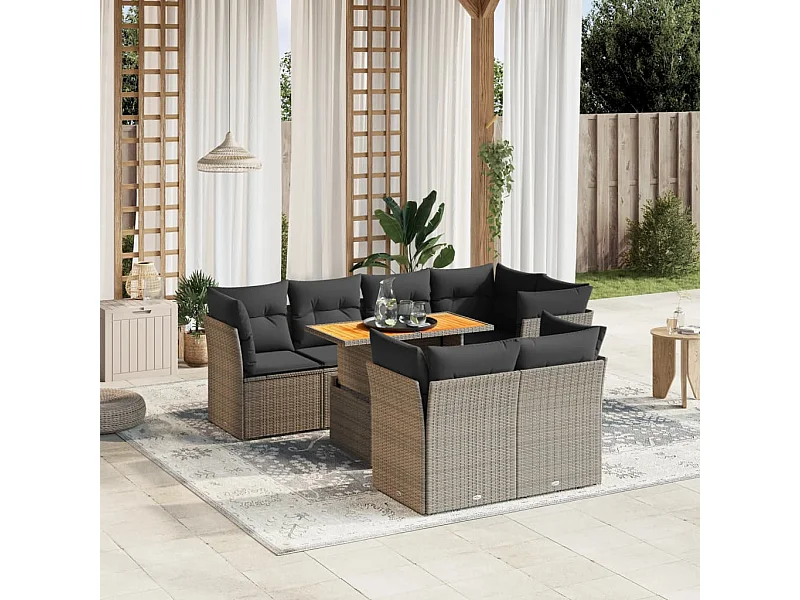 8-tlg. Garten-Sofagarnitur mit Kissen Grau Poly Rattan
