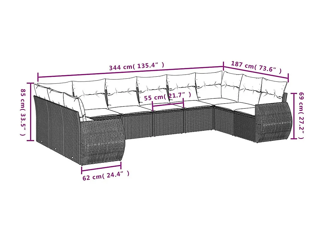 11 pcs conjunto sofás de jardim c/ almofadões vime PE preto