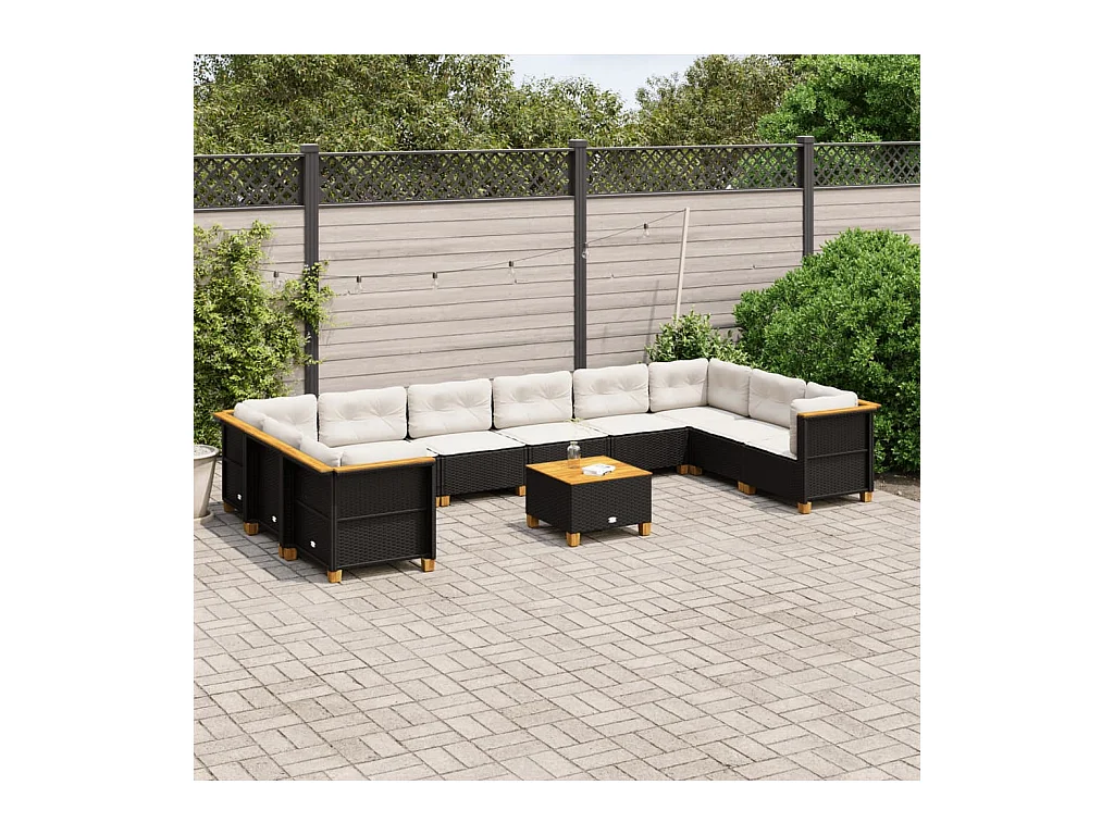 Salon de jardin 11 pcs avec coussins noir résine tressée