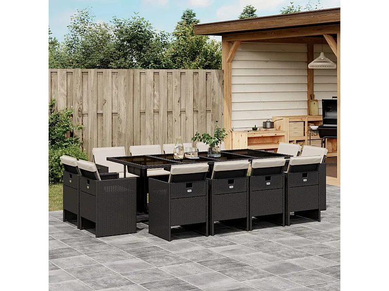Ensemble à manger de jardin 13 pcs coussins noir résine tressée