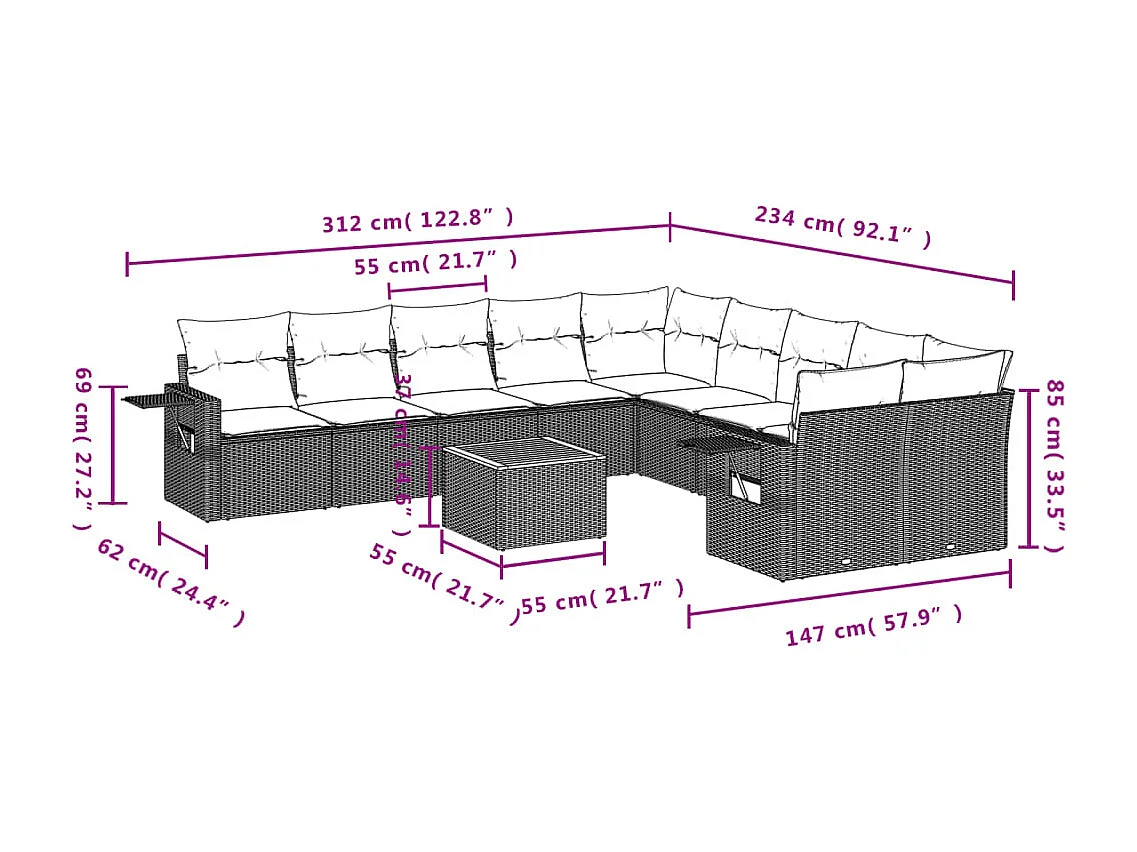 11-tlg. Garten-Sofagarnitur mit Kissen Schwarz Poly Rattan