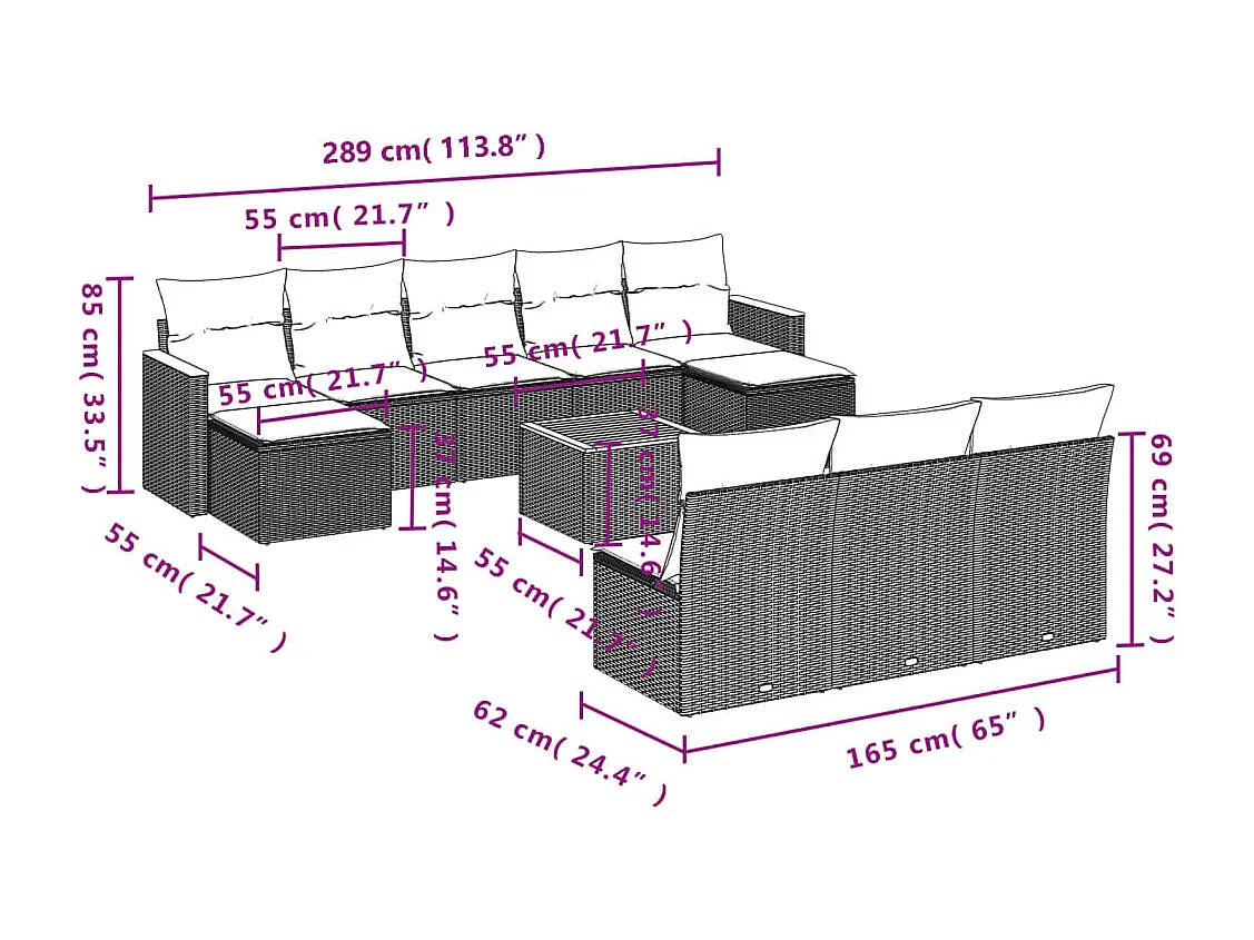 Set de sofás de jardín 11pzas con cojines ratán sintético beige