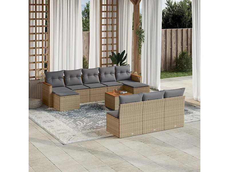 Salon de jardin 11 pcs avec coussins beige résine tressée