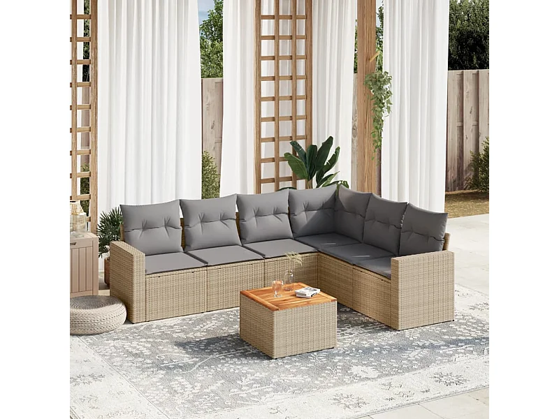 Salon de jardin avec coussins 7 pcs beige résine tressée