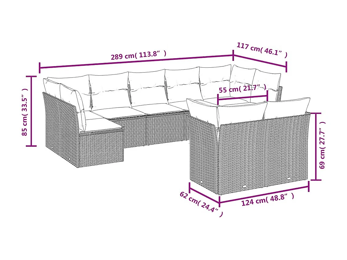 Set Divani da Giardino 9pz con Cuscini Marrone in Polyrattan