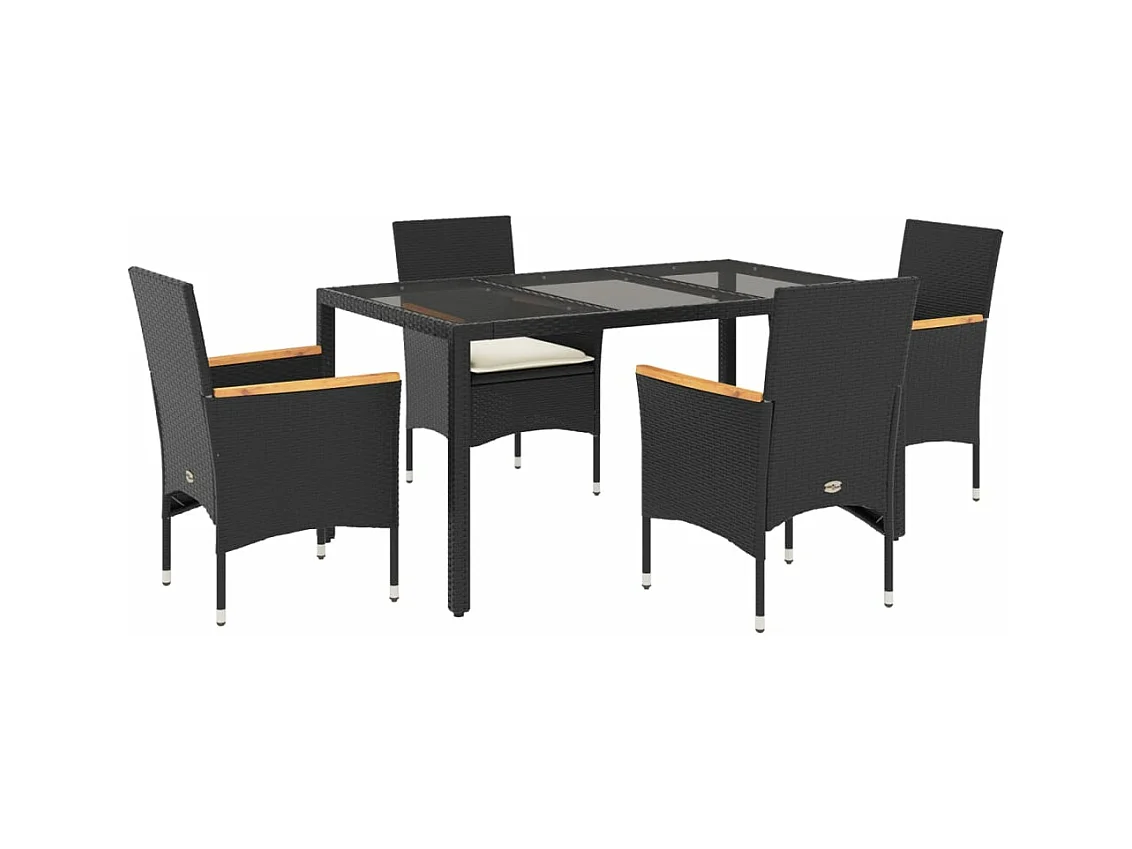 5-delige Tuinset met kussens poly rattan en glas zwart