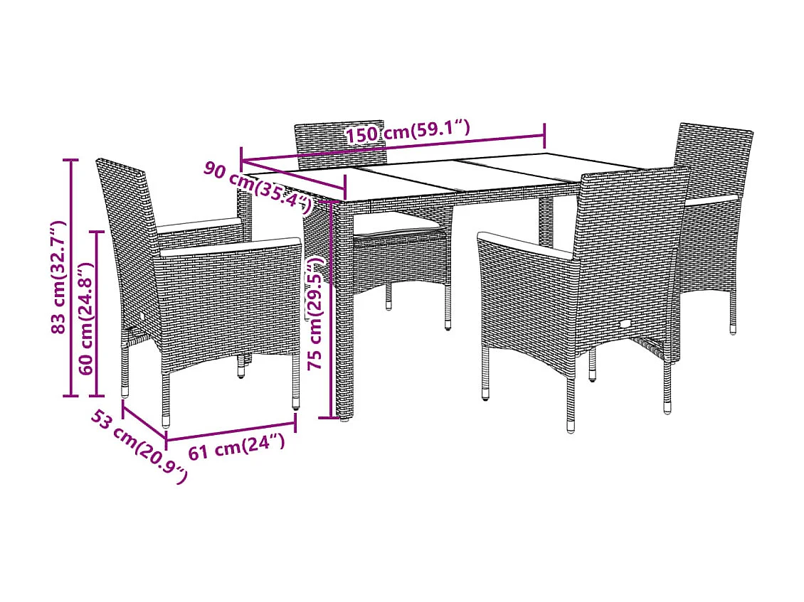 5-delige Tuinset met kussens poly rattan en glas zwart
