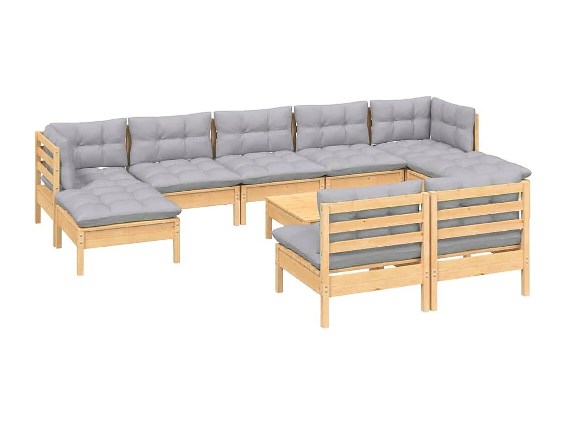 Juego de muebles de jardín 10 pzas y cojines madera pino gris