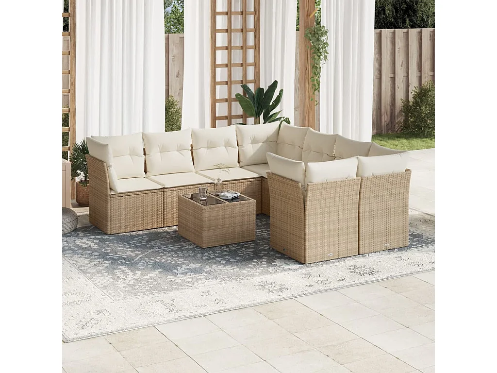 Salon de jardin avec coussins 9 pcs beige résine tressée