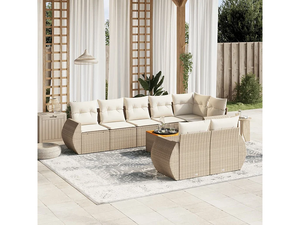 9-tlg. Garten-Sofagarnitur mit Kissen Beige Poly Rattan