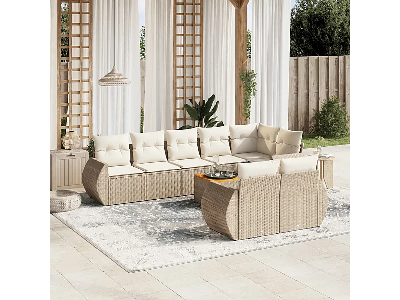 9-tlg. Garten-Sofagarnitur mit Kissen Beige Poly Rattan