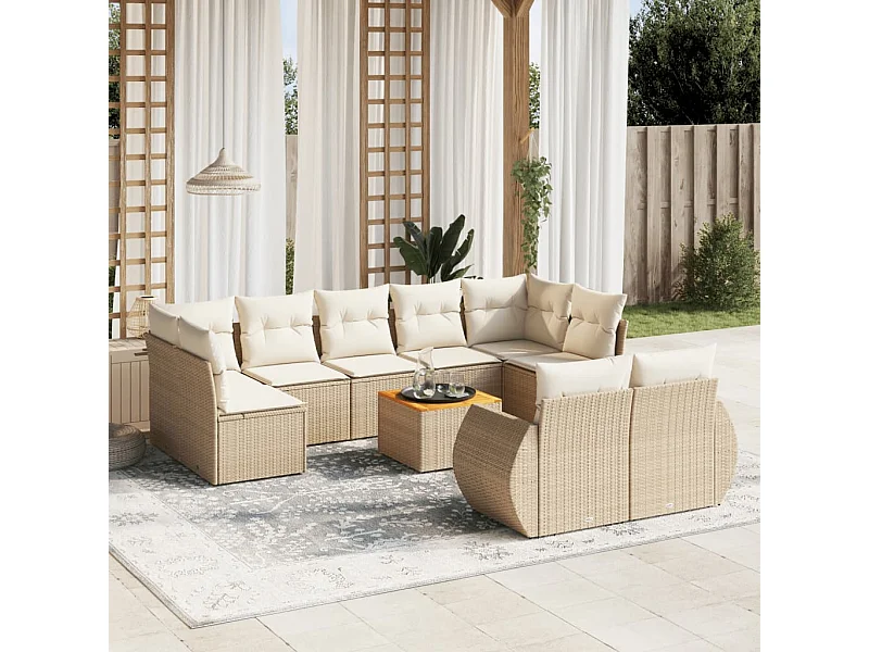 10-tlg. Garten-Sofagarnitur mit Kissen Beige Poly Rattan