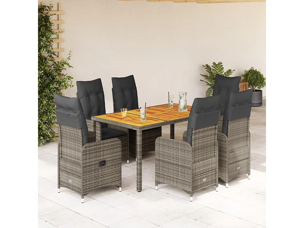 Ensemble de bistro de jardin 7 pcs coussins gris poly rotin