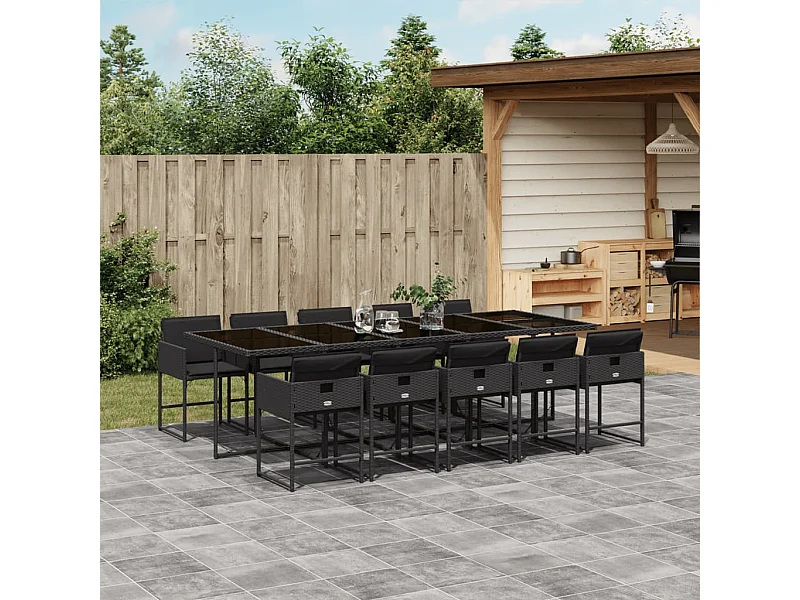 Set da Pranzo da Giardino 11 pz con Cuscini in Polyrattan Nero