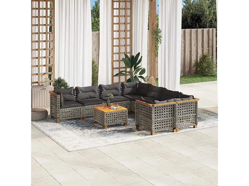 9-delige Loungeset met kussens poly rattan grijs